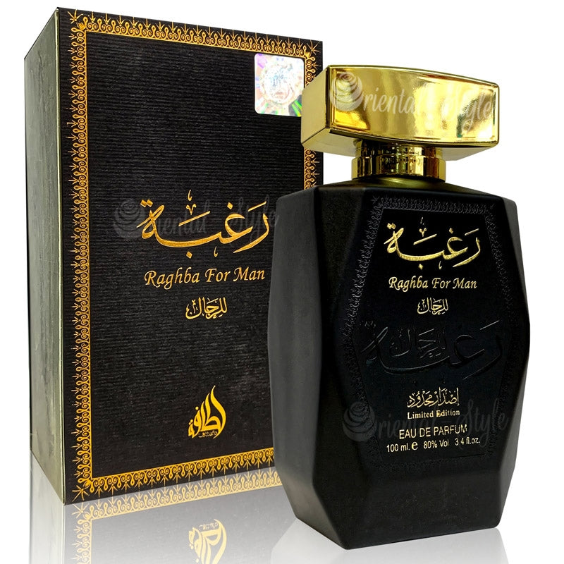 Load image into Gallery viewer, An oriental fragrance for men, Lattafa Raghba for Man Limited Edition 100ml Eau De Parfum by Lattafa, packaged in a sleek black bottle.
