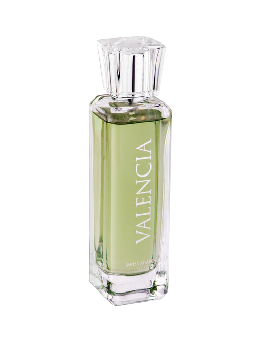 A bottle of Swiss Arabian Valencia 100ml Eau De Parfum fragrance on a white background.