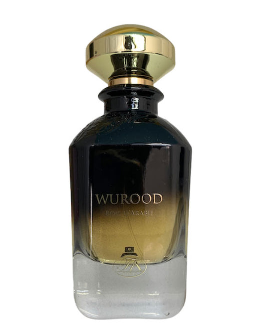 A bottle of Paris Corner Wurood Bois D'Arabie perfume, the Bois D'Arabie fragrance, on a white background.