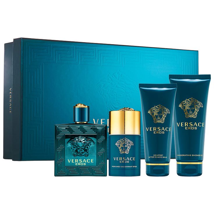 Versace Eros gift set includes an eau de toilette, deodorant stick, shower gel, and after shave balm, all in teal and gold packaging.