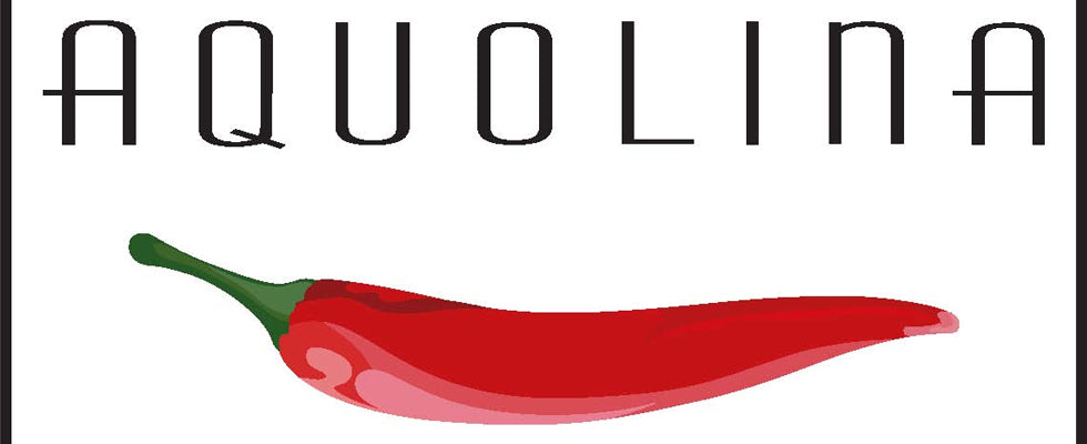 The image shows the word "AQUOLINA" in uppercase letters above an illustration of a red chili pepper with a green stem.