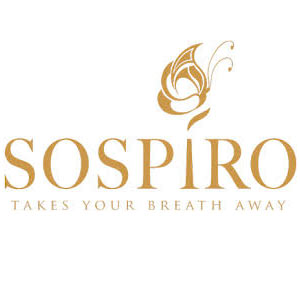 Sospiro logo in gold text with a stylized floral design above the letter “I” and the tagline “Takes Your Breath Away” below the brand name.