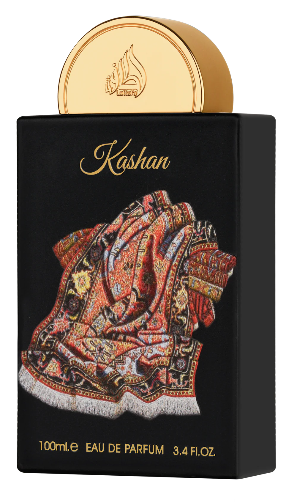 A black Lattafa Pride Kashan 100ml EDP bottle by Rio Perfumes features a patterned rug design, gold cap with Arabic script, and notes 3.4 fl. oz., presenting a refined unisex fragrance.
