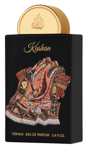 A black Lattafa Pride Kashan 100ml EDP bottle by Rio Perfumes features a patterned rug design, gold cap with Arabic script, and notes 3.4 fl. oz., presenting a refined unisex fragrance.