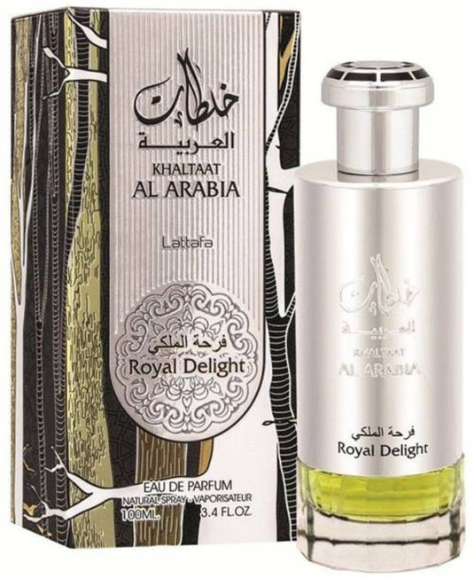 A bottle of Rio Perfumes Lattafa Khaltaat Al Arabia Royal Delight 100ml Eau De Parfum is placed next to its decorative box packaging. The bottle, a sophisticated fragrance for men & women, features a silver cap and a clear, green-tinted base.
