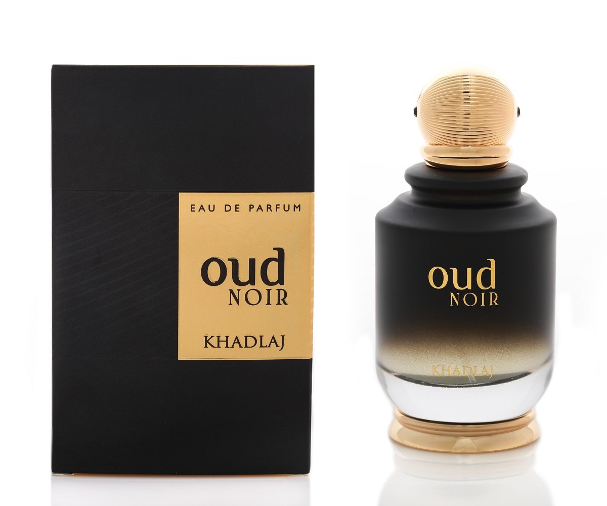 A bottle of Khadlaj Oud Noir 100ml EDP by Khadlaj is displayed beside its sleek black and gold packaging.