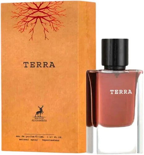 A bottle of Maison Alhambra Terra 50ml Eau De Parfum next to its cardboard packaging, both displaying a stylized tree graphic and the brand name 