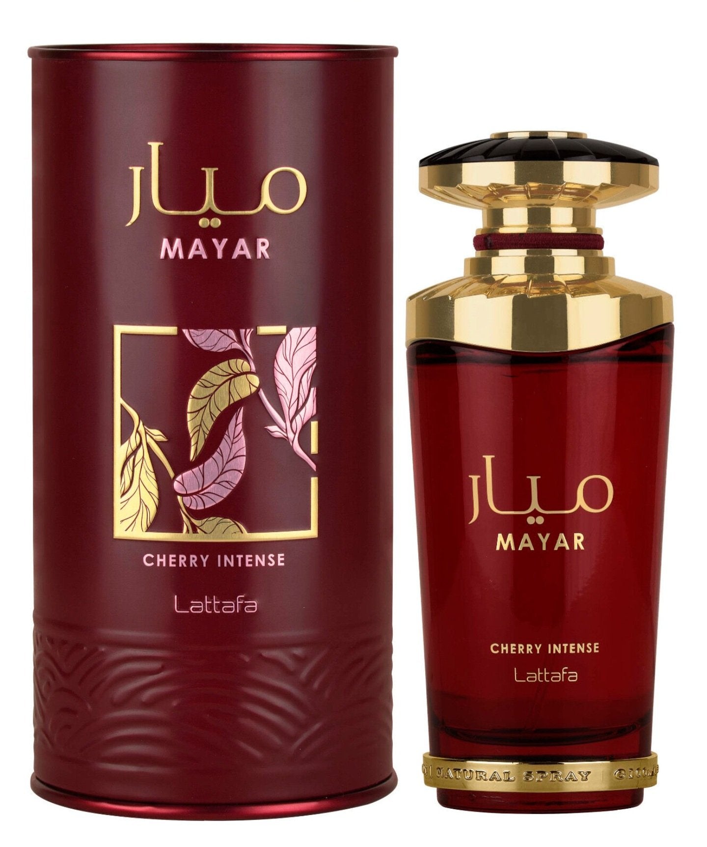 The Lattafa Mayar Cherry Intense 100ml Eau De Parfum bottle, in red and gold, is displayed beside its matching cylindrical box, reflecting the allure of this Lattafa Oriental Vanilla fragrance.
