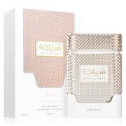 The Khadlaj Shiyaaka White 100ml eau de parfum for men, featuring a sweet-citrusy scent and a gold and white design, is displayed beside its matching packaging box.