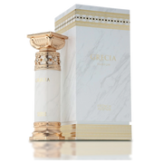 The Jean Paul Gaultier French Avenue Grecia 100ml Eau De Parfum features a white and gold marble-patterned bottle with ornate detailing beside a matching box—a sophisticated fragrance for women, inspired by Grecia.