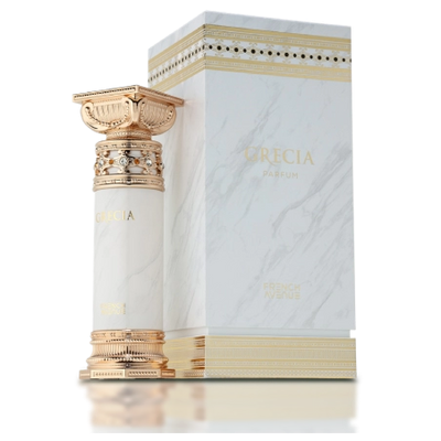 The Jean Paul Gaultier French Avenue Grecia 100ml Eau De Parfum features a white and gold marble-patterned bottle with ornate detailing beside a matching box—a sophisticated fragrance for women, inspired by Grecia.