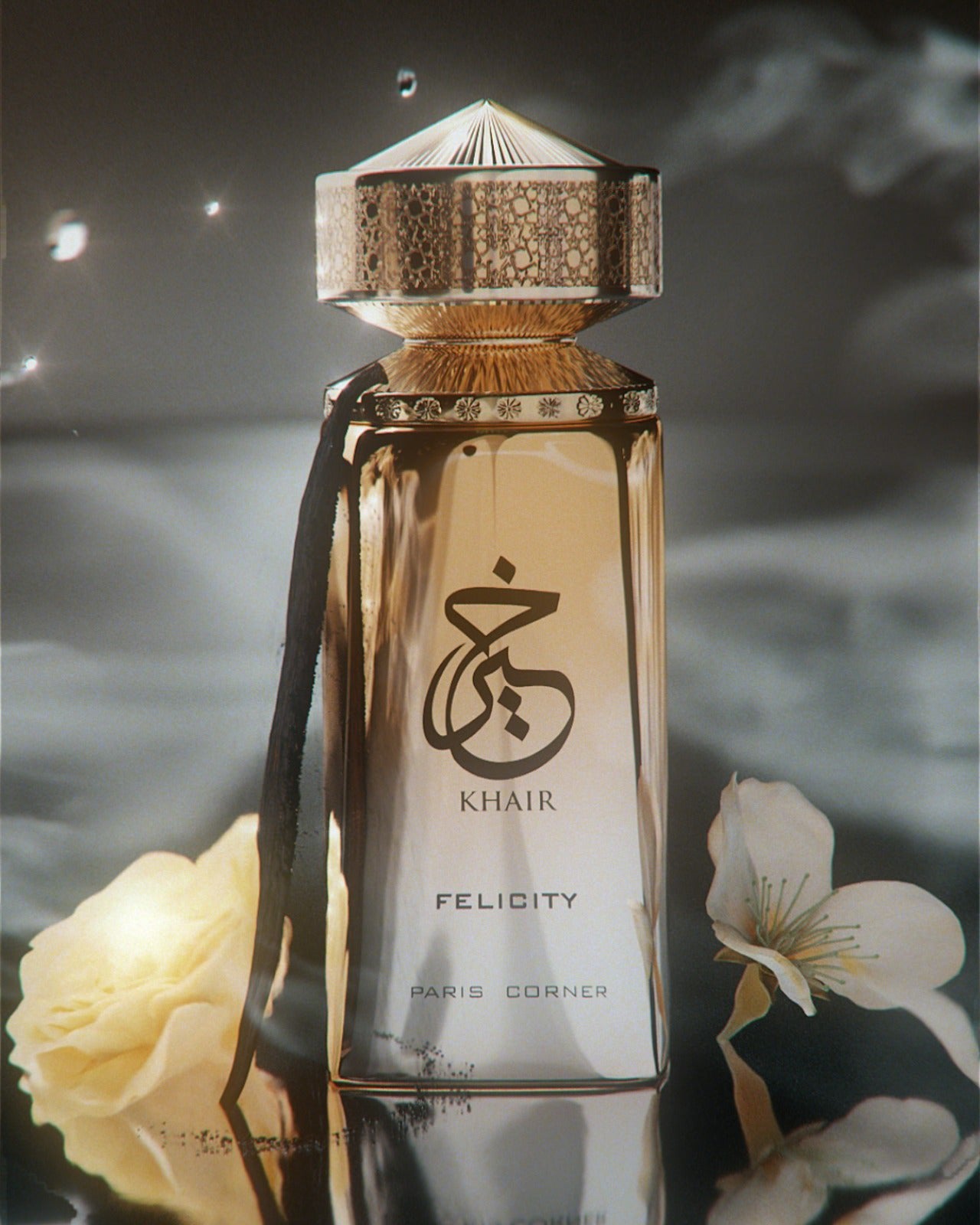 The Paris Corner Khair Felicity 100ml Eau De Parfum stands upright with a gold cap, surrounded by flowers and soft-focus smoke, reflecting the refined unisex fragrance of this Paris Corner product.