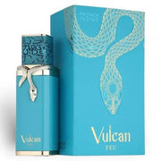 French Avenue Vulcan Feu 100ml Eau De Parfum comes in a turquoise bottle with a silver snake design and a matching box with a gold snake illustration—a captivating unisex fragrance by French Avenue.