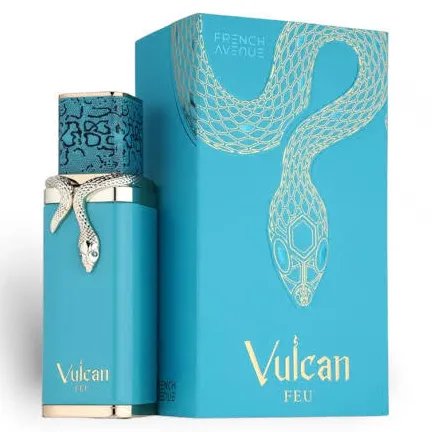 French Avenue Vulcan Feu 100ml Eau De Parfum comes in a turquoise bottle with a silver snake design and a matching box with a gold snake illustration—a captivating unisex fragrance by French Avenue.
