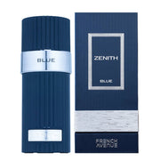 French Avenue Zenith Blue 100ml EDP comes in a blue bottle with a matching box, metallic accents, and branded label—a refined men’s fragrance from French Avenue.