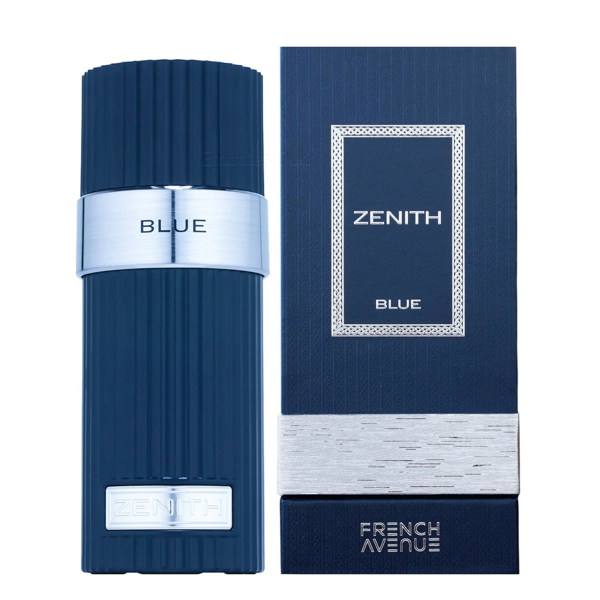 French Avenue Zenith Blue 100ml EDP comes in a blue bottle with a matching box, metallic accents, and branded label—a refined men’s fragrance from French Avenue.
