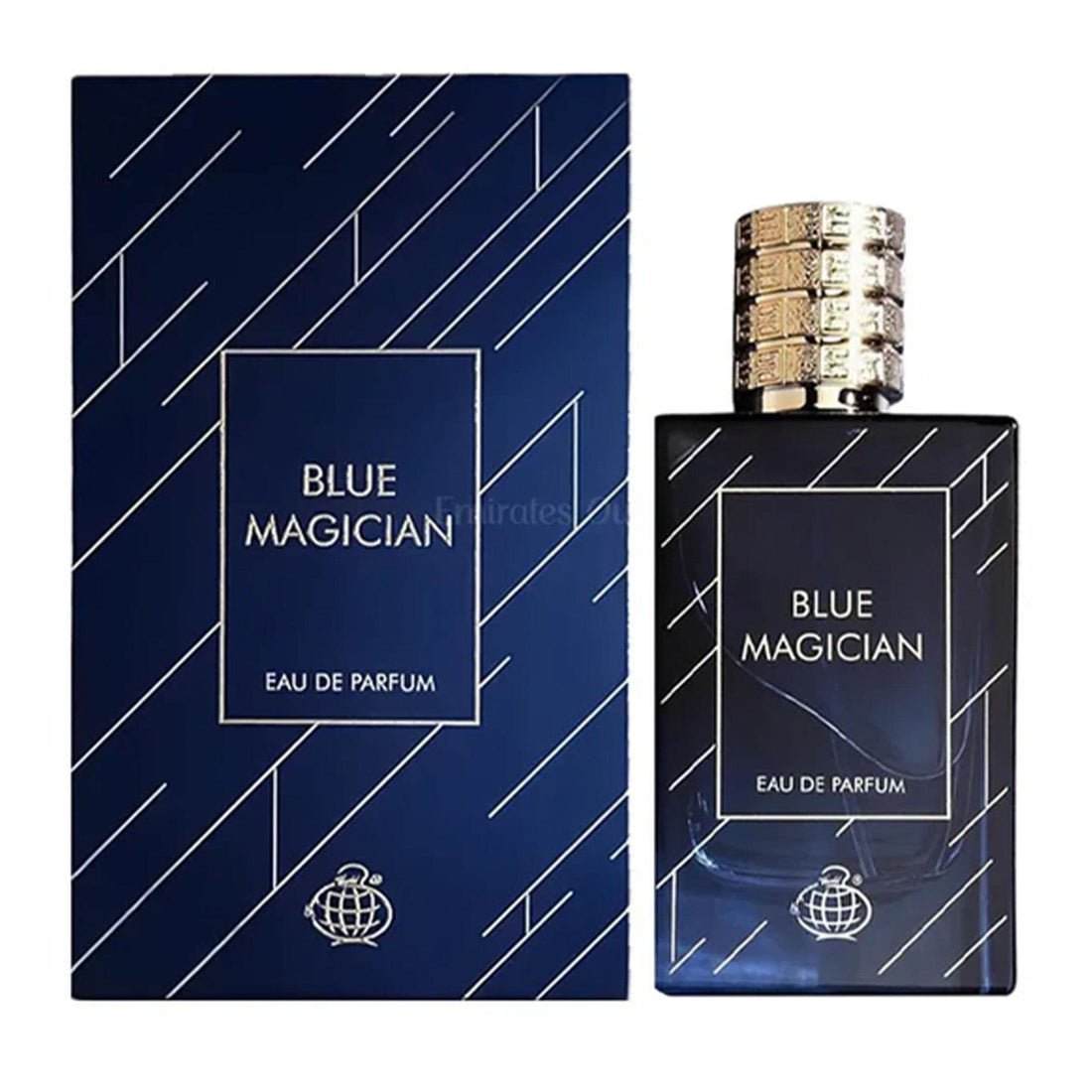 Fragrance World Blue Magician 100ml EDP by Rio Perfumes is a unisex scent in a dark blue bottle with diagonal white lines and silver text, combining sophistication and style.