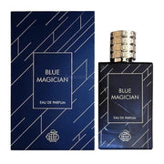 Fragrance World Blue Magician 100ml EDP by Rio Perfumes is a unisex scent in a dark blue bottle with diagonal white lines and silver text, combining sophistication and style.