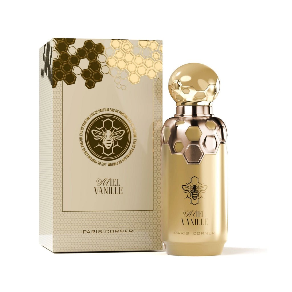 A gold perfume bottle with honeycomb and bee motifs stands beside its box, displaying "Paris Corner Miel Vanille 100ml EDP," an Oriental Vanilla fragrance by Paris Corner.