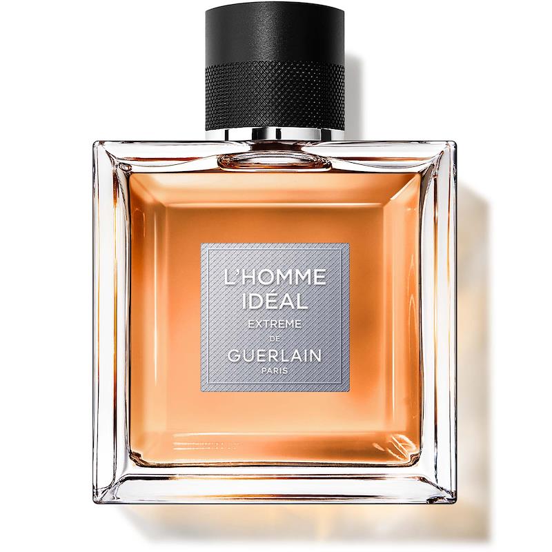 A top-view photo of Guerlain L’Homme Ideal Extreme 100ml Eau De Parfum by Guerlain shows its rectangular bottle with amber liquid and a black cap.