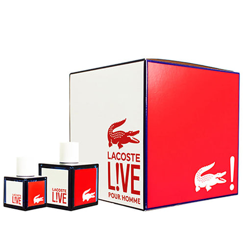 A gift set featuring Lacoste Live L!ve 100ml Gift Set, a men's fragrance, alongside a box.