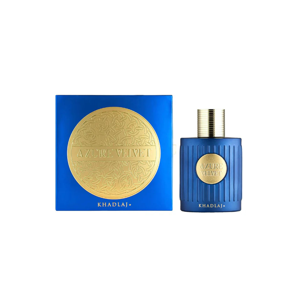 A blue and gold Khadlaj Azure Velvet 100ml box sits beside a matching blue, ridged bottle with a gold cap—both displaying the Khadlaj brand—for an elegant unisex fragrance that defines luxury.
