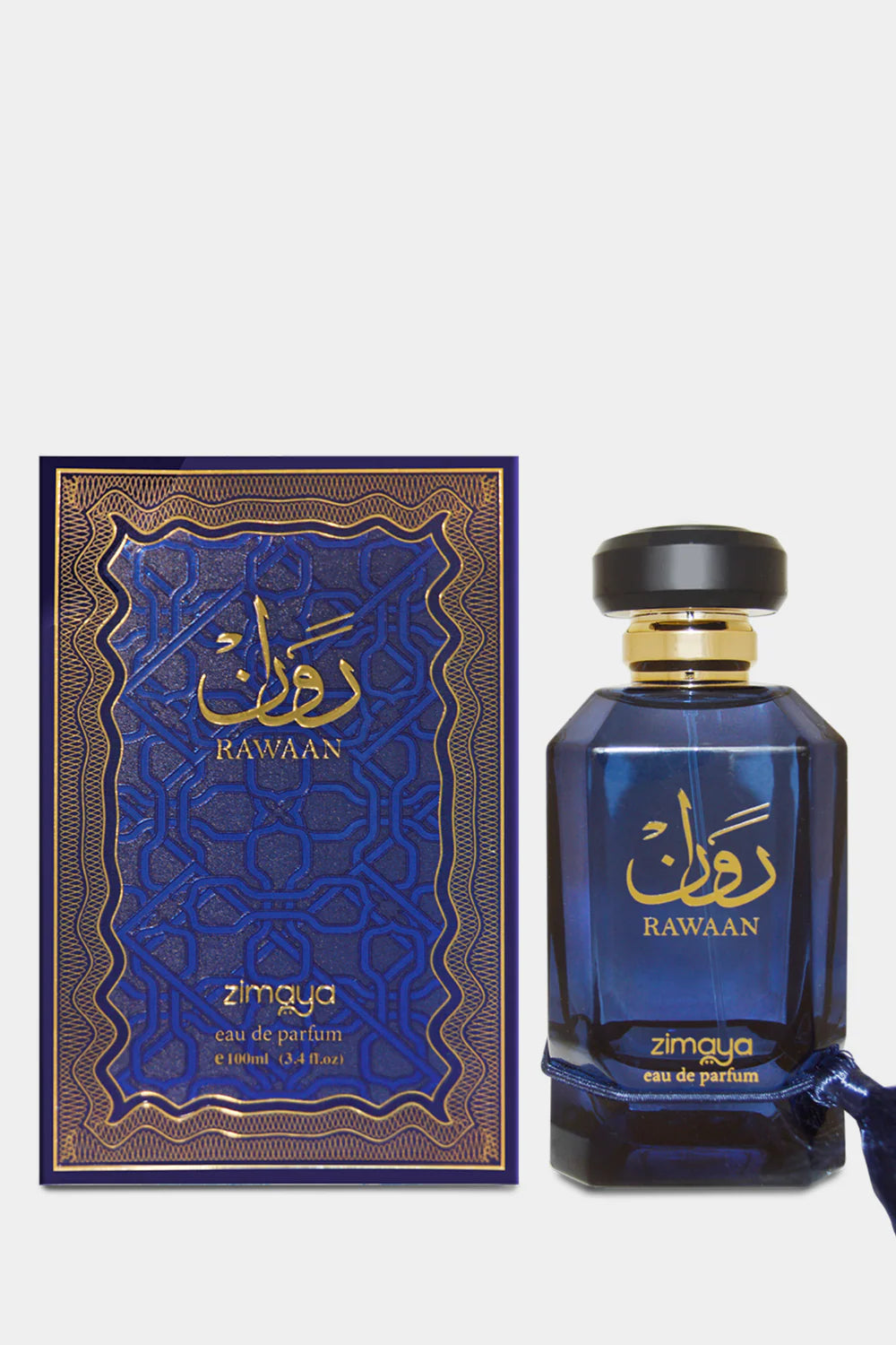 A dark blue Zimaya Rawaan 100ml EDP bottle with a black and gold cap sits beside its matching blue and gold box, highlighting this spicy woody perfume by Zimaya.