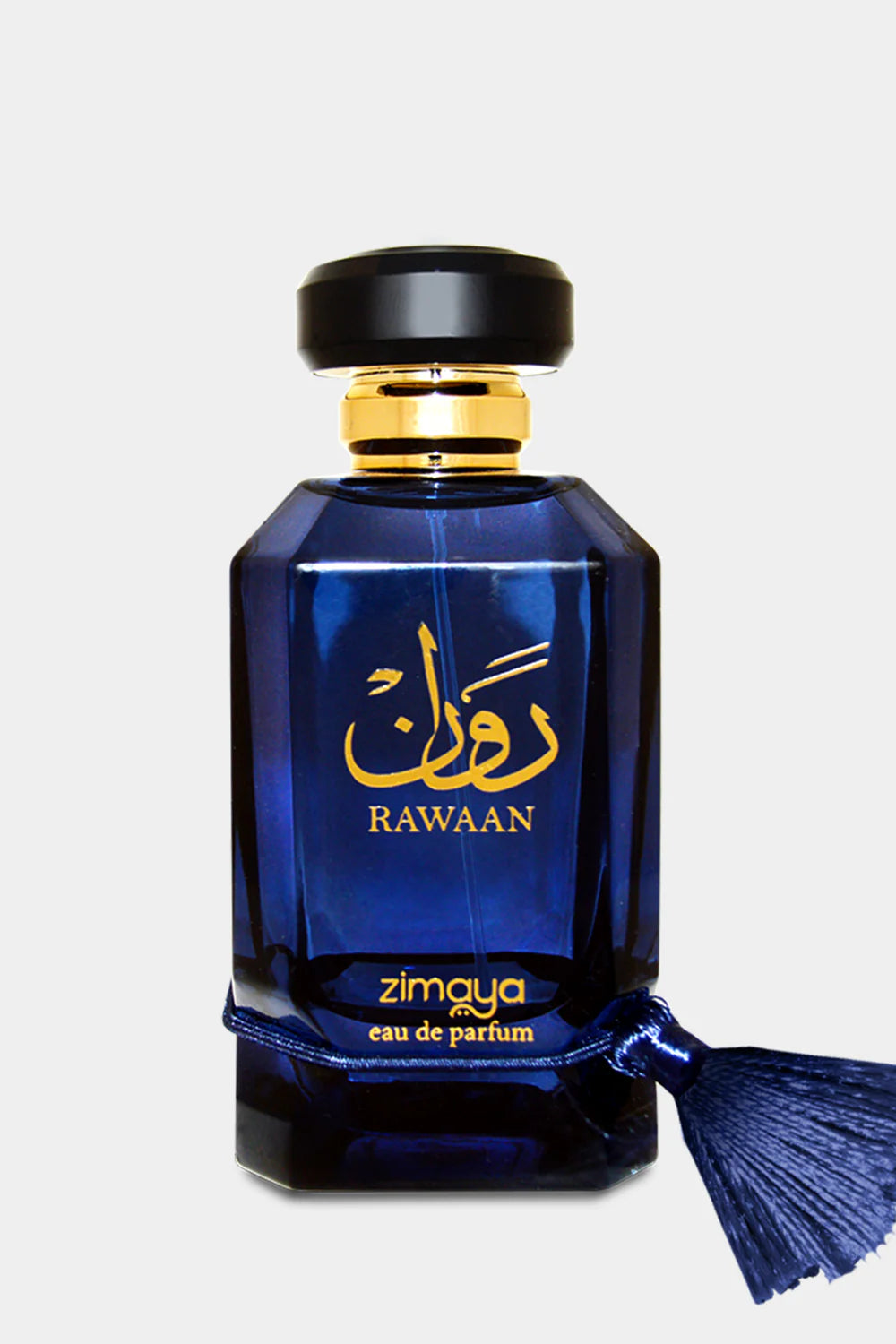 A dark blue glass bottle with gold accents and a blue tassel, labeled "Zimaya Rawaan 100ml EDP," sits on a plain light background—ideal for fans of Zimaya and those who love spicy woody Eau De Parfum scents.