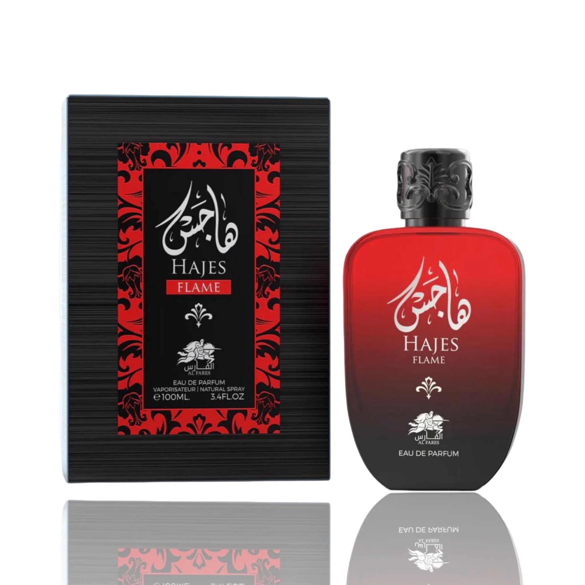 A bottle of Al Fares Hajes Flame 100ml EDP (inspired by Hawas Fire) appears beside its matching black and red box, adorned with decorative patterns and text in both Arabic and English.