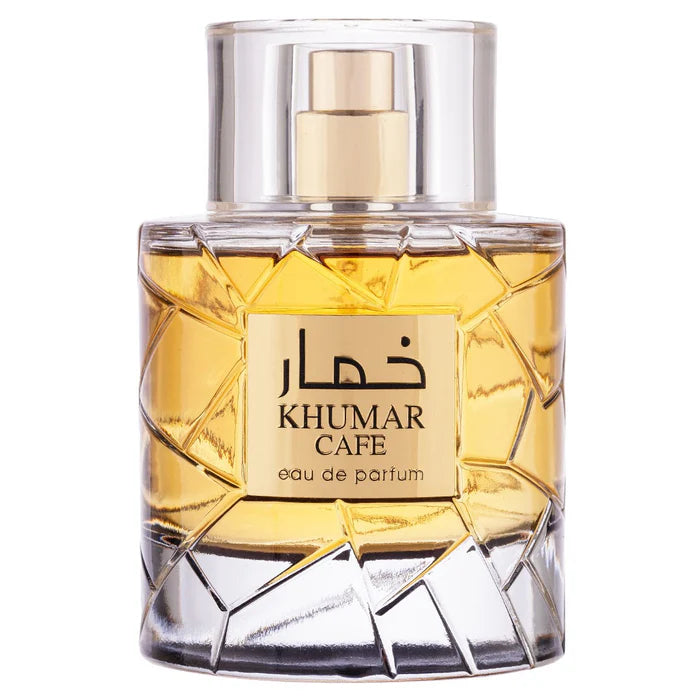 A clear, faceted bottle with gold accents and Arabic script, Lattafa Khumar Cafe Wadi Al Khaleej 100ml EDP (Spicy Coffee) is a unisex perfume capturing the essence of spicy coffee.