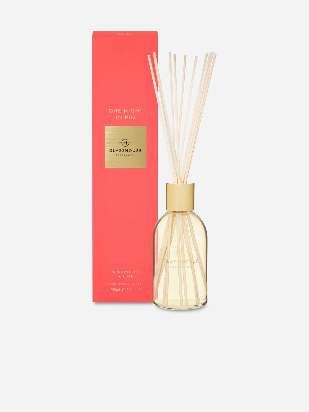 Experience the One Night in Rio Glasshouse 250ml Diffuser by Rio Perfumes, featuring a passionfruit and lime aroma. Elegantly packaged in a red box with gold accents, it embodies the lively spirit of an unforgettable evening.