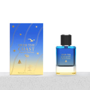 A blue and yellow Miniso Over the Coast 50ml EDP box featuring a beach and sea design is displayed next to the matching blue and yellow glass fragrance bottle with a black cap.