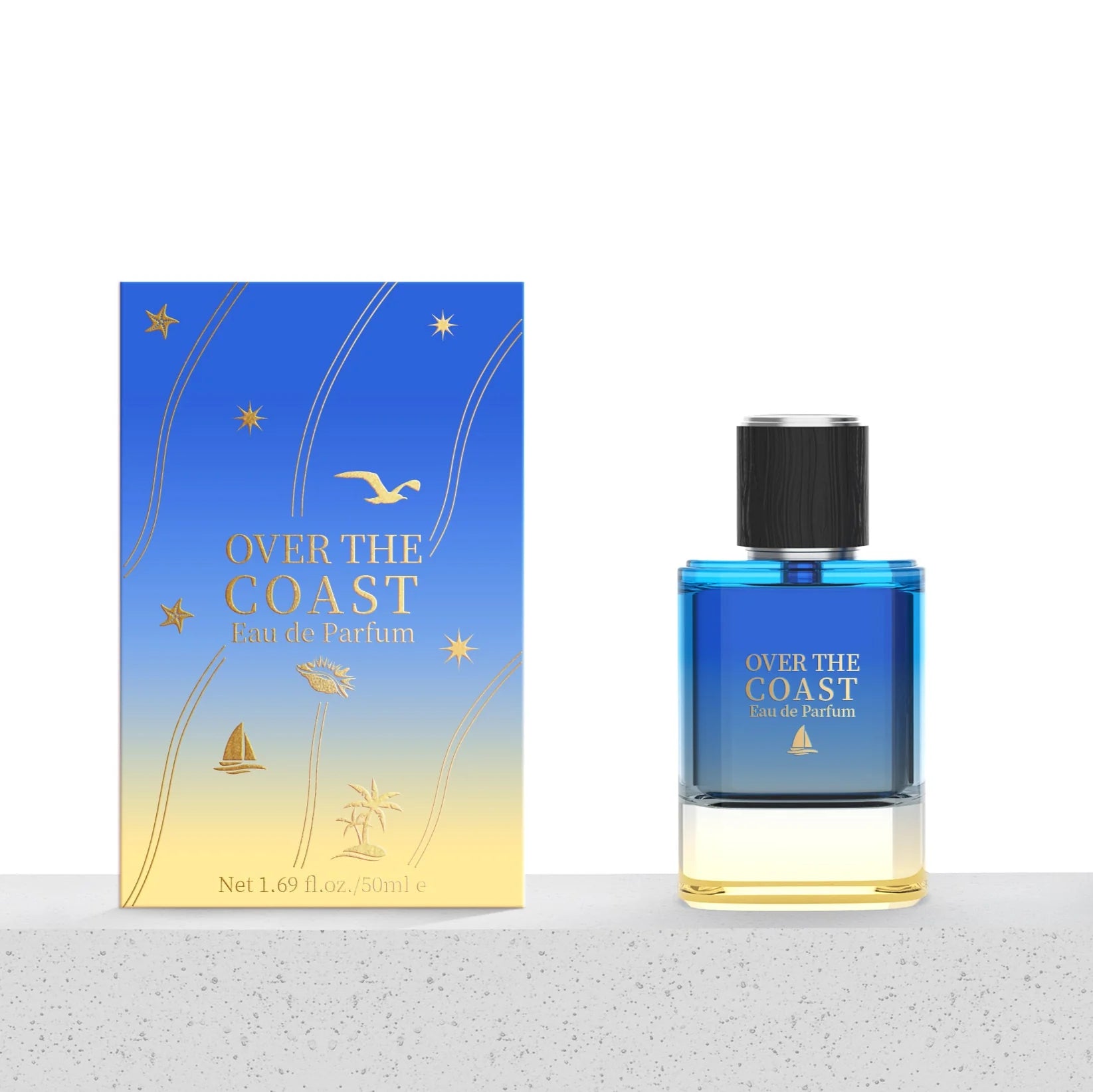 A blue and yellow Miniso Over the Coast 50ml EDP box featuring a beach and sea design is displayed next to the matching blue and yellow glass fragrance bottle with a black cap.