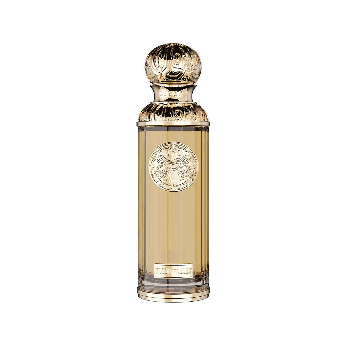 The Gissah Hudson Valley 200ml Eau De Parfum by Gissah comes in a tall, cylindrical glass bottle with gold details and an ornate cap, featuring an embossed emblem and a captivating bergamot fragrance with patchouli hints.