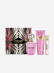 The Roberto Cavalli Paradiso Rosa EDP Gift Set by Roberto Cavalli offers a luxurious women’s fragrance collection, featuring a perfume bottle, body lotion tube, rollerball fragrance, and an elegant decorative box.