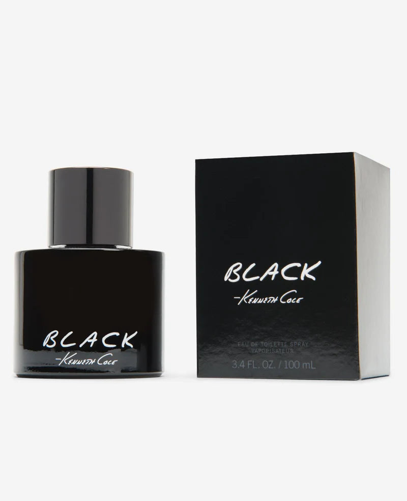 A black bottle of Kenneth Cole Black For Men 100ml Eau De Toilette is displayed beside its matching box, both labeled with the Kenneth Cole brand—a sophisticated men’s fragrance.