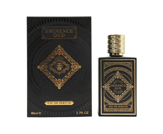 A bottle of Fragrance World Eminence Oud 100ml Eau De Parfum by Dubai Perfumes.