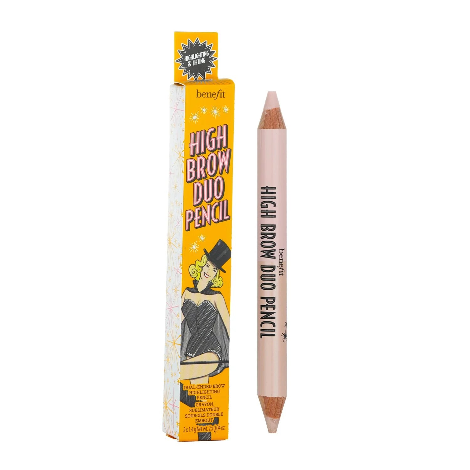 Benefit High Brow Duo Pencil in Linen Pink, with vintage-style packaging and "brow lifting & shaping" text, offers a refined touch.