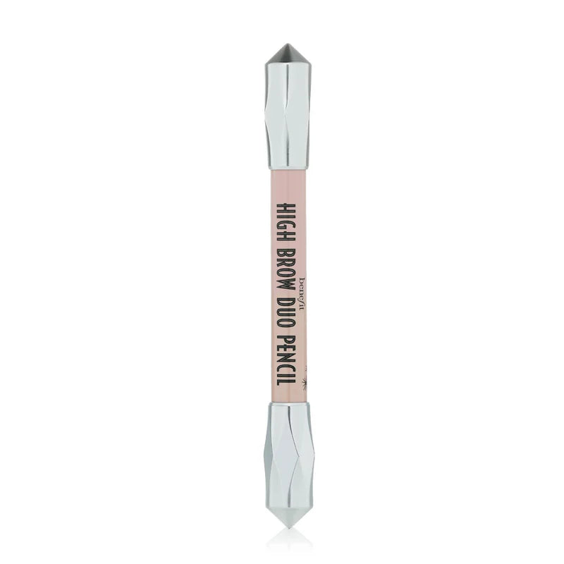 The Benefit High Brow Duo Pencil in Linen Pink features "High Brow Duo Pencil" text on its shaft and is elegantly finished with silver-toned caps on both ends.