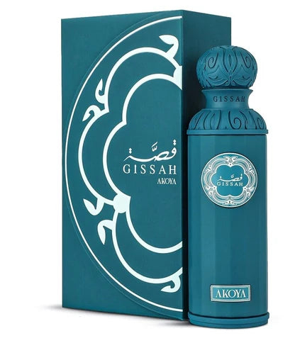 Gissah Akoya 200ml EDP by Gissah: An elegant unisex perfume in a teal bottle with matching ornate cap, shown beside its decorative box with Arabic script and white accents.