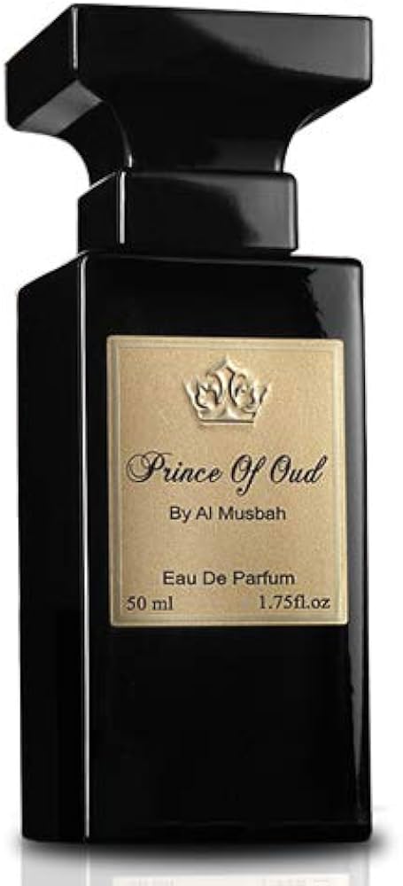 A black bottle of "Al Musbah Prince of Oud 50ml Eau De Parfum by Rio Perfumes", featuring a gold label with an Amber Vanilla fragrance, displayed on a white background.