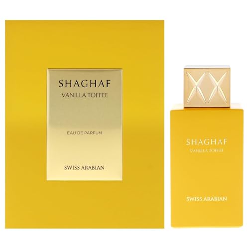 A yellow box and matching bottle of Swiss Arabian Shaghaf Vanilla Toffee EDP, both with gold labels and a geometric gold cap, from Swiss Arabian.