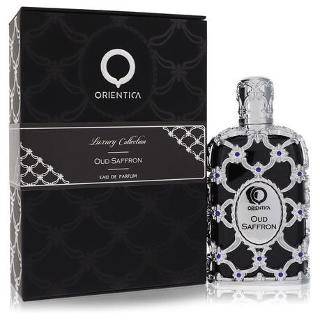 A bottle of Orientica Luxury Collection Oud Saffron by Rio Perfumes, a premium unisex fragrance, is shown beside its elegant black and silver box.