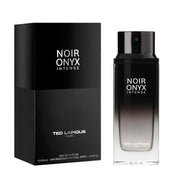 Ted Lapidus Noir Onyx Intense 125ml EDP, a bold men's fragrance, features a black gradient design with white text on both the bottle and box.