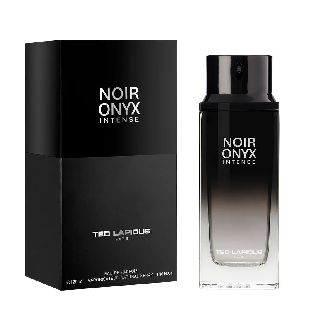 Ted Lapidus Noir Onyx Intense 125ml EDP, a bold men's fragrance, features a black gradient design with white text on both the bottle and box.