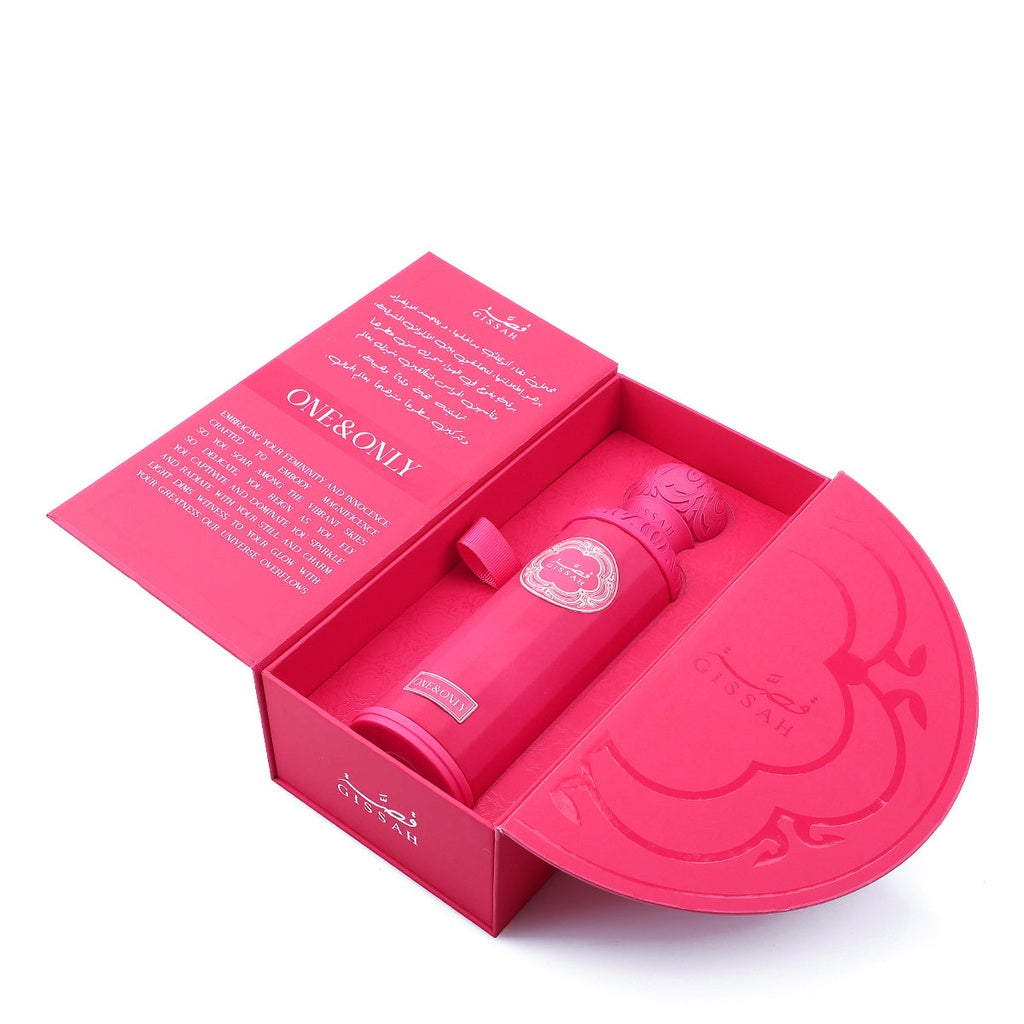 A vibrant pink Gissah One and Only 200ml Eau De Parfum by Gissah sits in an open matching box with embossed English and Arabic text—a distinctive unisex fragrance.