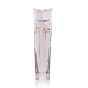 A tall, clear, geometric perfume bottle filled with pink liquid and labeled "Escada Sentiment Ladies 75ml Eau De Toilette" captures the essence of this exquisite women's fragrance by Escada.