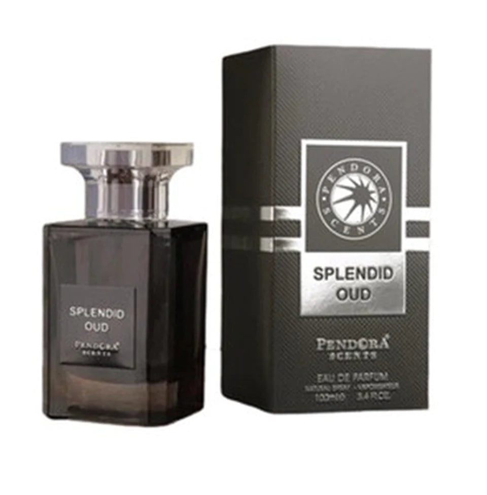 A dark glass bottle of Pendora Splendid Oud 100ml EDP by PENDORA is displayed next to its sleek black and silver packaging.