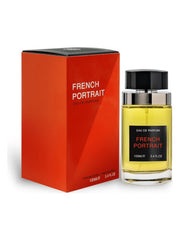 Fragrance World French Portrait 100ml EDP is shown beside its red and black box, both branded with the product name and volume, showcasing this elegant unisex scent from Fragrance World.