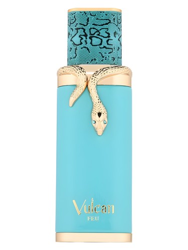 A turquoise French Avenue Vulcan Feu Eau De Parfum 100ml bottle with gold accents, a gold snake around the neck, and a textured blue cap; the unisex fragrance label reads "Vulcan Feu" by French Avenue.